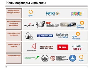 48
Корпоративные
венчурные фонды
Конкурсы идей и
проектов
Акселерационные
программы
Хакатоны и научно-
популярные
мероприятия
Обучение и коучинг
Наши партнеры и клиенты
 