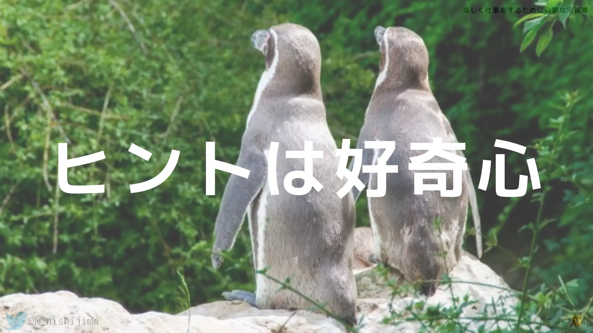 楽しく仕事をするために必要な栄養素
@k_nishijima 19
ヒントは好奇心
 