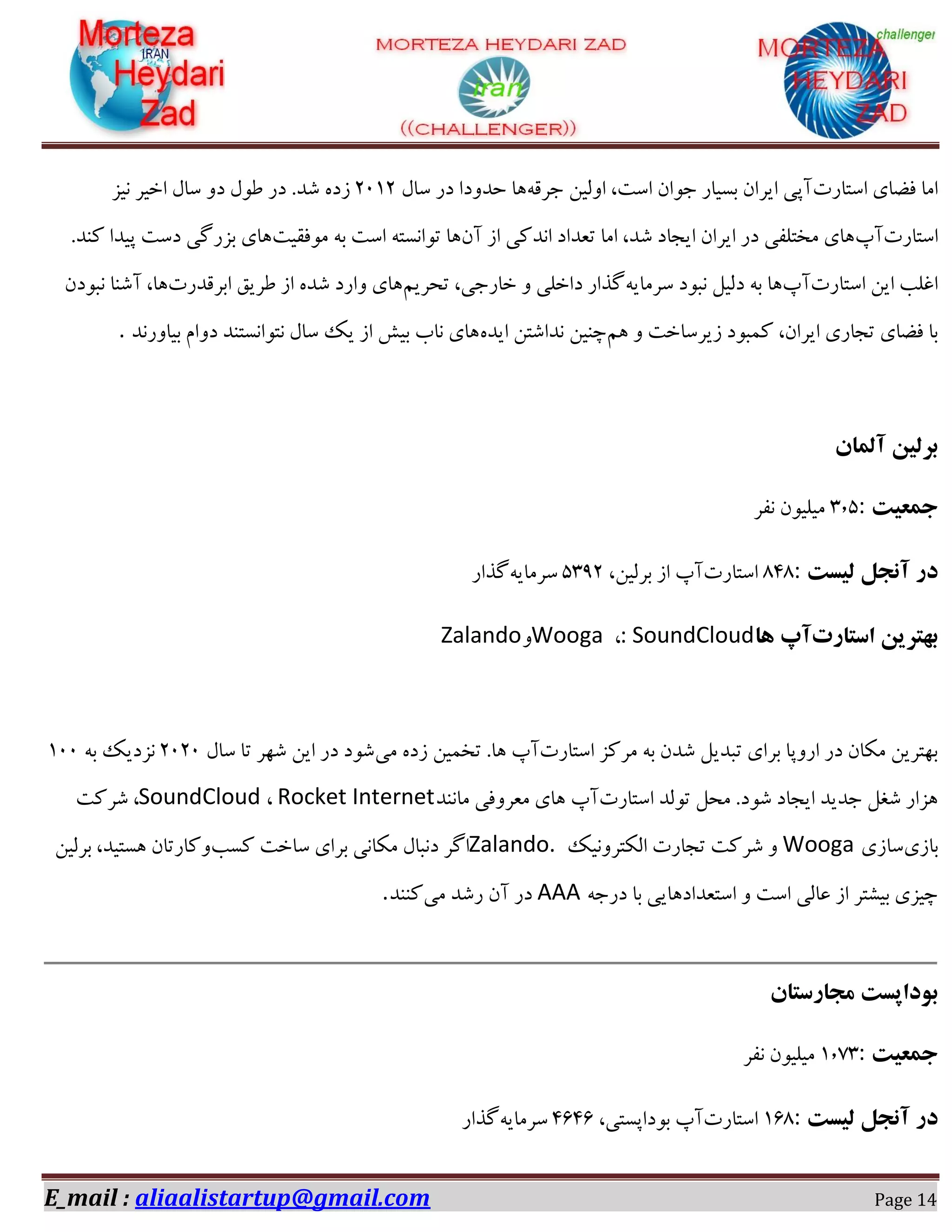 E_mail : aliaalistartup@gmail.com Page 14
‫اوشب‬ ‫كضبی‬ ‫اٗب‬‫ـر‬٠‫خفه‬ ٚ‫اٝٓی‬ ،‫اوز‬ ٙ‫خٞا‬ ‫ثىیبـ‬ ٙ‫ایفا‬ ‫آدی‬ّ‫وب‬ ‫ؼـ‬ ‫ضؽٝؼا‬ ‫١ب‬02۰0‫ٛیك‬ ‫اغیف‬ ّ‫وب‬ ٝ‫ؼ‬ ّٞ‫ع‬ ‫ؼـ‬ .‫ٌؽ‬ ٟ‫قؼ‬
‫اوشبـر‬‫آح‬ٙ‫آ‬ ‫اق‬ ‫اٛؽًی‬ ‫سؼؽاؼ‬ ‫اٗب‬ ،‫ٌؽ‬ ‫ایدبؼ‬ ٙ‫ایفا‬ ‫ؼـ‬ ‫ٗػشٔلی‬ ‫١بی‬‫ٗٞكویز‬ ٠‫ث‬ ‫اوز‬ ٠‫سٞاٛىش‬ ‫١ب‬.‫ًٜؽ‬ ‫دیؽا‬ ‫ؼوز‬ ‫ثكـُی‬ ‫١بی‬
‫اوشبـر‬ ٚ‫ای‬ ‫اؿٔت‬‫آح‬٠‫وفٗبی‬ ‫ٛجٞؼ‬ ْ‫ؼٓی‬ ٠‫ث‬ ‫١ب‬‫ؼاغٔی‬ ‫ُؿاـ‬ٖ‫سطفی‬ ،‫غبـخی‬ ٝ‫اثفهؽـر‬ ‫عفین‬ ‫اق‬ ٟ‫ٌؽ‬ ‫ٝاـؼ‬ ‫١بی‬ٙ‫ٛجٞؼ‬ ‫آٌٜب‬ ،‫١ب‬
ٖ١ ٝ ‫قیفوبغز‬ ‫ً٘جٞؼ‬ ،ٙ‫ایفا‬ ‫سدبـی‬ ‫كضبی‬ ‫ثب‬ٟ‫ایؽ‬ ٚ‫ٛؽاٌش‬ ٚ‫زٜی‬‫ثیبٝـٛؽ‬ ٕ‫ؼٝا‬ ‫ٛشٞاٛىشٜؽ‬ ّ‫وب‬ ‫یي‬ ‫اق‬ ً‫ثی‬ ‫ٛبة‬ ‫١بی‬.
‫آلواى‬ ‫بزلیي‬
‫جوعیت‬:0٫5‫ٛلف‬ ٙٞ‫ٗیٔی‬
‫لیست‬ ‫آًجل‬ ‫در‬:۱0۱‫اوشبـر‬،ٚ‫ثفٓی‬ ‫اق‬ ‫آح‬5000٠‫وفٗبی‬‫ُؿاـ‬
‫بْت‬‫استارت‬ ‫زیي‬‫آپ‬‫ّا‬: SoundCloud،WoogaٝZalando
‫اوشبـر‬ ‫ٗفًك‬ ٠‫ث‬ ٙ‫ٌؽ‬ ْ‫سجؽی‬ ‫ثفای‬ ‫اـٝدب‬ ‫ؼـ‬ ٙ‫ٌٗب‬ ٚ‫ث٢شفی‬‫آح‬‫ٗی‬ ٟ‫قؼ‬ ٚ‫سػ٘ی‬ .‫١ب‬ّ‫وب‬ ‫سب‬ ‫ٌ٢ف‬ ٚ‫ای‬ ‫ؼـ‬ ‫ٌٞؼ‬0202٠‫ث‬ ‫ٛكؼیي‬۰22
‫اوشبـر‬ ‫سٞٓؽ‬ ْ‫ٗط‬ .‫ٌٞؼ‬ ‫ایدبؼ‬ ‫خؽیؽ‬ ْ‫ٌـ‬ ‫١كاـ‬‫آح‬‫ٗبٜٛؽ‬ ‫ٗؼفٝكی‬ ‫١بی‬Rocket Internet،SoundCloud‫ٌفًز‬ ،
‫ثبقی‬‫وبقی‬Wooga‫آٌشفٝٛیي‬ ‫سدبـر‬ ‫ٌفًز‬ ٝZalando.‫ًىت‬ ‫وبغز‬ ‫ثفای‬ ‫ٌٗبٛی‬ ّ‫ؼٛجب‬ ‫اُف‬ٚ‫ثفٓی‬ ،‫١ىشیؽ‬ ٙ‫ًٝبـسب‬
٠‫ؼـخ‬ ‫ثب‬ ‫اوشؼؽاؼ١بیی‬ ٝ ‫اوز‬ ‫ػبٓی‬ ‫اق‬ ‫ثیٍشف‬ ‫زیكی‬AAA‫ٗی‬ ‫ـٌؽ‬ ٙ‫آ‬ ‫ؼـ‬‫ًٜٜؽ‬.
‫هجارستاى‬ ‫بَداپست‬
‫جوعیت‬:۰٫۱0‫ٛلف‬ ٙٞ‫ٗیٔی‬
‫لیست‬ ‫آًجل‬ ‫در‬:۰۲۱‫اوشبـر‬،‫ثٞؼادىشی‬ ‫آح‬0۲0۲٠‫وفٗبی‬‫ُؿاـ‬
 