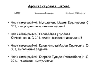 Архитектурная школа
• 1,Член команды № Муталапова Мадия Ерсаиновна, -С
301, ,автор идеи выполнение заданий
• 2,Член команды № Карабаева Гульсанат
, -301, ,Каиржановна С лидер выполнение заданий
• 3, , -Член команды № Канапиянова Марал Сериковна С
301, выполнение заданий
• 4, , -Член команды № Каирова Гульден Жаксыбаевна С
301, ликвидация конкурентов
МГГМ Карабаева Гульсанат Kgulsanat_95@mail.ru
 