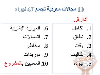 ‫تجمع‬ ‫معرفية‬ ‫مجاالت‬
.6‫البشرية‬ ‫الموارد‬
.7‫اتصاالت‬
.8‫مخاطر‬
.9‫توريدات‬
.10‫ب‬ ‫المعنيين‬‫المشر‬‫وع‬
.1‫تكامل‬
.2‫نطاق‬
.3‫وقت‬
.4‫تكاليف‬
.5‫جودة‬
‫إدارة‬..
 