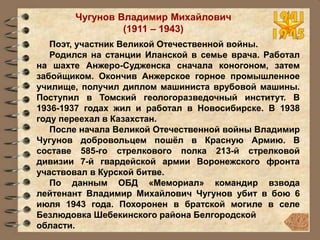 Чугунов Владимир Михайлович
(1911 – 1943)
Поэт, участник Великой Отечественной войны.
Родился на станции Иланской в семье врача. Работал
на шахте Анжеро-Судженска сначала коногоном, затем
забойщиком. Окончив Анжерское горное промышленное
училище, получил диплом машиниста врубовой машины.
Поступил в Томский геологоразведочный институт. В
1936-1937 годах жил и работал в Новосибирске. В 1938
году переехал в Казахстан.
После начала Великой Отечественной войны Владимир
Чугунов добровольцем пошёл в Красную Армию. В
составе 585-го стрелкового полка 213-й стрелковой
дивизии 7-й гвардейской армии Воронежского фронта
участвовал в Курской битве.
По данным ОБД «Мемориал» командир взвода
лейтенант Владимир Михайлович Чугунов убит в бою 6
июля 1943 года. Похоронен в братской могиле в селе
Безлюдовка Шебекинского района Белгородской
области.
 