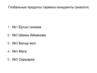 / ( )Глобальные продукты сервисы конкуренты аналоги
1. №1 Ертыс синема
2. №2 Шакен Айманова
3. №3 Батыр мол
4. №4 Мега
5. №5 Сарыарка
 