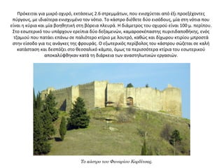 Πρόκειται για μικρό οχυρό, εκτάσεως 2.6 στρεμμάτων, που ενισχύεται από έξι προεξέχοντες
πύργους, με ιδιαίτερα ενισχυμένο τον νότιο. Το κάστρο διέθετε δύο εισόδους, μία στη νότια που
είναι η κύρια και μία βοηθητική στη βόρεια πλευρά. Η διάμετρος του οχυρού είναι 100 μ. περίπου.
Στο εσωτερικό του υπάρχουν ερείπια δύο δεξαμενών, καμαροσκέπαστης πυριτιδαποθήκης, ενός
τζαμιού που πατάει επάνω σε παλιότερο κτίριο με λουτρό, καθώς και δίχωρου κτιρίου μπροστά
στην είσοδο για τις ανάγκες της φρουράς. Ο εξωτερικός περίβολος του κάστρου σώζεται σε καλή
κατάσταση και δεσπόζει στο θεσσαλικό κάμπο, όμως τα περισσότερα κτίρια του εσωτερικού
αποκαλύφθηκαν κατά τη διάρκεια των αναστηλωτικών εργασιών.
Το κάστρο του Φαναρίου Καρδίτσας.
 