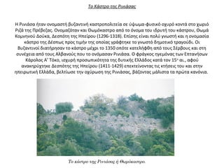 Το Κάστρο της Ρινιάσας
 
 
Η Ρινιάσα ήταν ονομαστή βυζαντινή καστροπολιτεία σε ύψωμα-φυσικό οχυρό κοντά στο χωριό 
Ριζά της Πρέβεζας. Ονομαζόταν και Θωμόκαστρο από το όνομα του ιδρυτή του κάστρου, Θωμά 
Κομνηνού Δούκα, Δεσπότη της Ηπείρου (1296-1318). Επίσης είναι πολύ γνωστή και η ονομασία 
κάστρο της Δέσπως προς τιμήν της οποίας γράφτηκε το γνωστό δημοτικό τραγούδι. Οι 
Βυζαντινοί διατήρησαν το κάστρο μέχρι το 1350 οπότε κατελήφθη από τους Σέρβους και στη 
συνέχεια από τους Αλβανούς που το ονόμασαν Ρινιάσα. Ο φράγκος ηγεμόνας των Επτανήσων 
Κάρολος Α’ Τόκο, ισχυρή προσωπικότητα της δυτικής Ελλάδος κατά τον 15ο
 αι., αφού 
ανακηρύχτηκε Δεσπότης της Ηπείρου (1411-1429) επεκτείνοντας τις κτήσεις του και στην 
ηπειρωτική Ελλάδα, βελτίωσε την οχύρωση της Ρινιάσας, βάζοντας μάλιστα τα πρώτα κανόνια. 
Το κάστρο της Ρινιάσας ή Θωμόκαστρο.
 