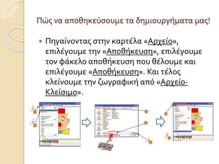 Πώς να αποθηκεύσουμε τα δημιουργήματα μας!
 Πηγαίνοντας στην καρτέλα «Αρχείο»,
επιλέγουμε την «Αποθήκευση», επιλέγουμε
τον φάκελο αποθήκευση που θέλουμε και
επιλέγουμε «Αποθήκευση». Και τέλος
κλείνουμε την ζωγραφική από «Αρχείο-
Κλείσιμο».
 