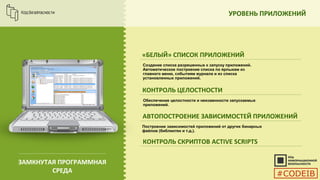 УРОВЕНЬ ПРИЛОЖЕНИЙ
ЗАМКНУТАЯ ПРОГРАММНАЯ
СРЕДА
«БЕЛЫЙ» СПИСОК ПРИЛОЖЕНИЙ
КОНТРОЛЬ ЦЕЛОСТНОСТИ
АВТОПОСТРОЕНИЕ ЗАВИСИМОСТЕЙ ПРИЛОЖЕНИЙ
КОНТРОЛЬ СКРИПТОВ ACTIVE SCRIPTS
Построение зависимостей приложений от других бинарных
файлов (библиотек и т.д.).
Создание списка разрешенных к запуску приложений.
Автоматическое построение списка по ярлыкам из
главного меню, событиям журнала и из списка
установленных приложений.
Обеспечение целостности и неизменности запускаемых
приложений.
#CODEIB
 
