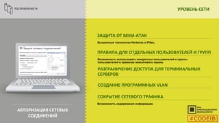 УРОВЕНЬ СЕТИ
АВТОРИЗАЦИЯ СЕТЕВЫХ
СОЕДИНЕНИЙ
ЗАЩИТА ОТ MitM-АТАК
Встроенные технологии Kerberos и IPSec.
ПРАВИЛА ДЛЯ ОТДЕЛЬНЫХ ПОЛЬЗОВАТЕЛЕЙ И ГРУПП
Возможность использовать конкретных пользователей и группы
пользователей в правилах межсетевого экрана.
РАЗГРАНИЧЕНИЕ ДОСТУПА ДЛЯ ТЕРМИНАЛЬНЫХ
СЕРВЕРОВ
СОЗДАНИЕ ПРОГРАММНЫХ VLAN
СОКРЫТИЕ СЕТЕВОГО ТРАФИКА
Возможность кодирования информации.
#CODEIB
 