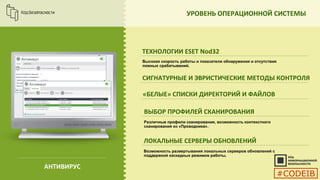 УРОВЕНЬ ОПЕРАЦИОННОЙ СИСТЕМЫ
ТЕХНОЛОГИИ ESET Nod32
СИГНАТУРНЫЕ И ЭВРИСТИЧЕСКИЕ МЕТОДЫ КОНТРОЛЯ
«БЕЛЫЕ» СПИСКИ ДИРЕКТОРИЙ И ФАЙЛОВ
ВЫБОР ПРОФИЛЕЙ СКАНИРОВАНИЯ
Различные профили сканирования, возможность контекстного
сканирования из «Проводника».
АНТИВИРУС
Высокая скорость работы и показатели обнаружения и отсутствия
ложных срабатываний.
ЛОКАЛЬНЫЕ СЕРВЕРЫ ОБНОВЛЕНИЙ
Возможность развертывания локальных серверов обновлений с
поддержкой каскадных режимов работы.
#CODEIB
 