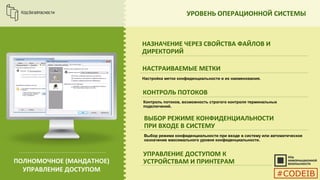 УРОВЕНЬ ОПЕРАЦИОННОЙ СИСТЕМЫ
НАЗНАЧЕНИЕ ЧЕРЕЗ СВОЙСТВА ФАЙЛОВ И
ДИРЕКТОРИЙ
НАСТРАИВАЕМЫЕ МЕТКИ
КОНТРОЛЬ ПОТОКОВ
ВЫБОР РЕЖИМЕ КОНФИДЕНЦИАЛЬНОСТИ
ПРИ ВХОДЕ В СИСТЕМУ
ПОЛНОМОЧНОЕ (МАНДАТНОЕ)
УПРАВЛЕНИЕ ДОСТУПОМ
Настройка меток конфиденциальности и их наименования.
Контроль потоков, возможность строгого контроля терминальных
подключений.
УПРАВЛЕНИЕ ДОСТУПОМ К
УСТРОЙСТВАМ И ПРИНТЕРАМ
Выбор режима конфиденциальности при входе в систему или автоматическое
назначение максимального уровня конфиденциальности.
#CODEIB
 
