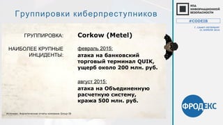ГРУППИРОВКА:
Группировки киберпреступников
Corkow (Metel)
2015август :
атака на Объединенную
расчетную систему,
кража 500 млн. руб.
2015февраль :
атака на банковский
торговый терминал QUIK,
ущерб около 200 млн. руб.
НАИБОЛЕЕ КРУПНЫЕ
ИНЦИДЕНТЫ:
Источник: Аналитические отчеты компании Group-IB
#CODEIB
Г. САНКТ-ПЕТЕРБУРГ
21 АПРЕЛЯ 2016
 