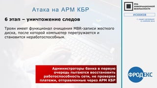 Атака на АРМ КБР
6 этап – уничтожение следов
Администраторы банка в первую
очередь пытаются восстановить
работоспособность сети, не проверяя
платежи, отправленные через АРМ КБР
Троян имеет функционал очищения MBR-записи жесткого
диска, после которой компьютер перегружается и
становится неработоспособным.
#CODEIB
Г. САНКТ-ПЕТЕРБУРГ
21 АПРЕЛЯ 2016
 