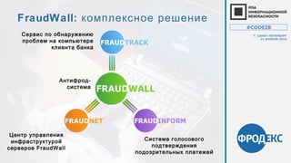 #CODEIB
Г. САНКТ-ПЕТЕРБУРГ
21 АПРЕЛЯ 2016
Система голосового
подтверждения
подозрительных платежей
Антифрод-
система
Центр управления
инфраструктурой
серверов FraudWall
FraudWall: комплексное решение
Сервис по обнаружению
проблем на компьютере
клиента банка
 