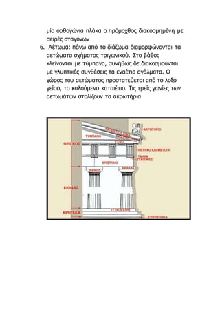 μία ορθογώνια πλάκα ο πρόμοχθος διακοσμημένη με
σειρές σταγόνων
6. Αέτωμα: πάνω από το διάζωμα διαμορφώνονται τα
αετώματα σχήματος τριγωνικού. Στο βάθος
κλείνονται με τύμπανα, συνήθως δε διακοσμούνται
με γλυπτικές συνθέσεις τα εναέτια αγάλματα. Ο
χώρος του αετώματος προστατεύεται από το λοξό
γείσο, το καλούμενο καταιέτιο. Τις τρείς γωνίες των
αετωμάτων στολίζουν τα ακρωτήρια.
 