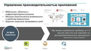3D IMAX
Experience
Управление производительностью приложений
• Мобильные, облачные и
инфраструктурные решения
• Мощные аналитические возможности
и средства диагностики
• Широкое покрытие программных сред
“Мы можем определить проблему за 1-2
часа до того как она повлияет на
производодительность приложения”
Raphael Aquino, Sentara Healthcare
 