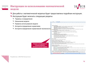 Инструкция будет включать следующие разделы:
Термины и определения
Назначение модели
Правила использования модели
Алгоритм определения нормативов
Алгоритм определения нормативной численности
14
Инструкция по использованию математической
модели
Разработано «ЭКОПСИ Консалтинг»
Формат инструкции по
использованию
математической модели
Для работы с математической моделью будет предоставлена подробная инструкция;
 