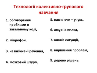Технології колективно-групового
навчання
1. обговорення
проблеми в
загальному колі,
2. мікрофон,
3. незакінчені речення,
4. мозковий штурм,
5. навчаючи – учусь,
6. ажурна пилка,
7. аналіз ситуації,
8. вирішення проблем,
9. дерево рішень.
 