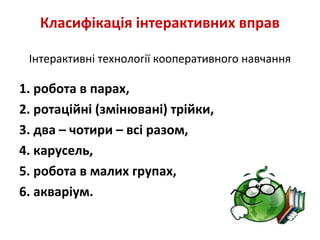 Класифікація інтерактивних вправ
Інтерактивні технології кооперативного навчання
1. робота в парах,
2. ротаційні (змінювані) трійки,
3. два – чотири – всі разом,
4. карусель,
5. робота в малих групах,
6. акваріум.
 