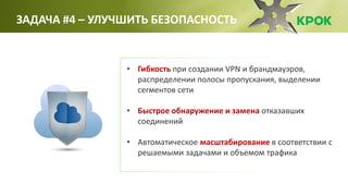 • Гибкость при создании VPN и брандмауэров,
распределении полосы пропускания, выделении
сегментов сети
• Быстрое обнаружение и замена отказавших
соединений
• Автоматическое масштабирование в соответствии с
решаемыми задачами и объемом трафика
ЗАДАЧА #4 – УЛУЧШИТЬ БЕЗОПАСНОСТЬ
 