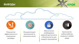 ВЫВОДЫ
Повышение
эффективности и
сокращение
расходов
Инициализация
приложений за
несколько минут
Обеспечение
необходимых
уровней доступности
и безопасности для
каждого приложения
Выполнение
любых рабочих
нагрузок в любой
среде
 