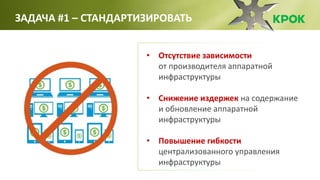 • Отсутствие зависимости
от производителя аппаратной
инфраструктуры
• Снижение издержек на содержание
и обновление аппаратной
инфраструктуры
• Повышение гибкости
централизованного управления
инфраструктуры
ЗАДАЧА #1 – СТАНДАРТИЗИРОВАТЬ
 