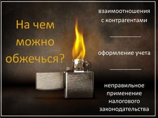 На чем
можно
обжечься?
взаимоотношения
с контрагентами
неправильное
применение
налогового
законодательства
оформление учета
 