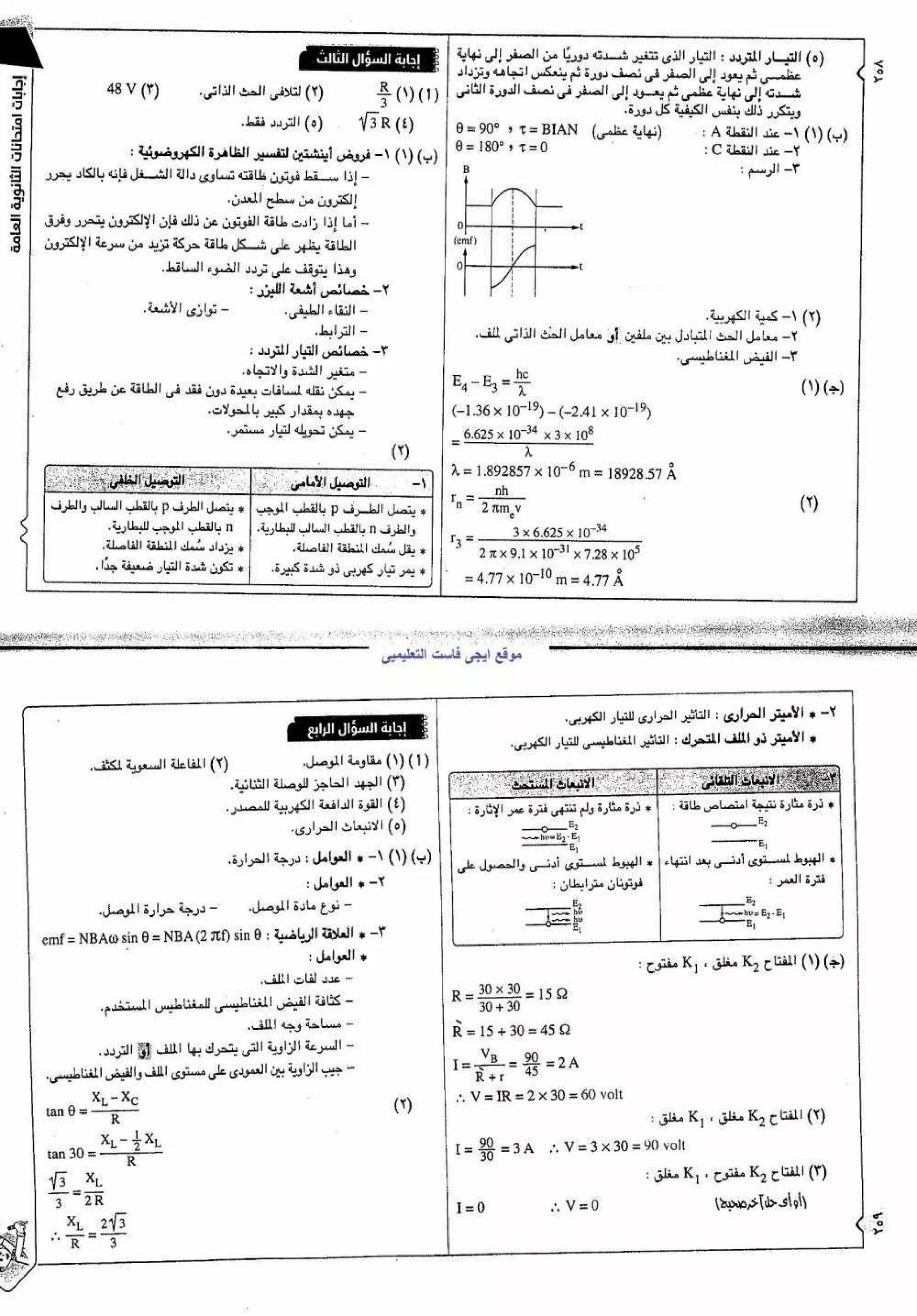 موقع ملزمتي - اجابات مراجعة الفيزياء للثانوية العامة