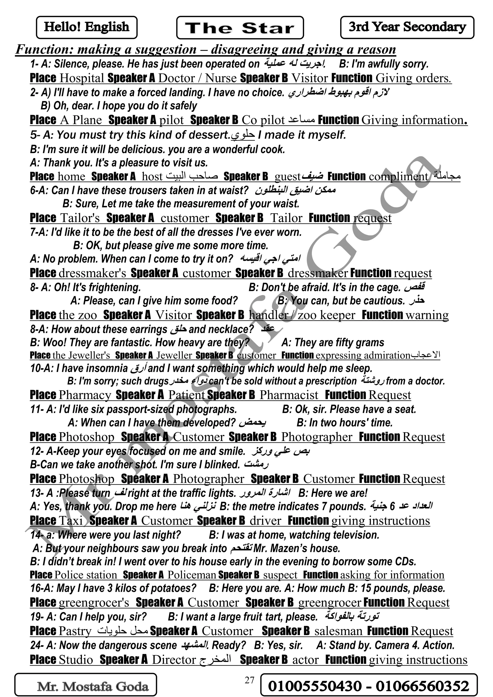 27
disagreeing and giving a reason–Function: making a suggestion
1- A: Silence, please. He has just been operated on ‫عملية‬ ‫له‬ ‫اجريت‬. B: I'm awfully sorry.
Place Hospital Speaker A Doctor / Nurse Speaker B Visitor Function Giving orders.
2- A) I'll have to make a forced landing. I have no choice. ‫اضطراري‬ ‫بهبوط‬ ‫اقوم‬ ‫الزم‬
B) Oh, dear. I hope you do it safely
Place A Plane Speaker A pilot Speaker B Co pilot ‫مساعد‬ Function Giving information.
5- A: You must try this kind of dessert.‫حلوي‬ I made it myself.
B: I'm sure it will be delicious. you are a wonderful cook.
A: Thank you. It's a pleasure to visit us.
Place home Speaker A host ‫البيت‬ ‫صاحب‬ Speaker B guest‫ضيف‬ Function compliment ‫مجاملة‬
6-A: Can I have these trousers taken in at waist? ‫البنطلون‬ ‫اضيق‬ ‫ممكن‬
B: Sure, Let me take the measurement of your waist.
Place Tailor's Speaker A customer Speaker B Tailor Function request
7-A: I'd like it to be the best of all the dresses I've ever worn.
B: OK, but please give me some more time.
A: No problem. When can I come to try it on? ‫اقيسه‬ ‫اجي‬ ‫امتي‬
Place dressmaker's Speaker A customer Speaker B dressmaker Function request
8- A: Oh! It's frightening. B: Don't be afraid. It's in the cage. ‫قفص‬
A: Please, can I give him some food? B: You can, but be cautious. ‫حذر‬
Place the zoo Speaker A Visitor Speaker B handler / zoo keeper Function warning
8-A: How about these earrings ‫حلق‬ and necklace? ‫عقد‬
B: Woo! They are fantastic. How heavy are they? A: They are fifty grams
Place the Jeweller's Speaker A Jeweller Speaker B customer Function expressing admiration‫االعجاب‬
10-A: I have insomnia ‫أرق‬ and I want something which would help me sleep.
B: I'm sorry; such drugs‫مخدر‬ ‫دواء‬ can't be sold without a prescription ‫روشتة‬ from a doctor.
Place Pharmacy Speaker A Patient Speaker B Pharmacist Function Request
11- A: I'd like six passport-sized photographs. B: Ok, sir. Please have a seat.
A: When can I have them developed? ‫يحمض‬ B: In two hours' time.
Place Photoshop Speaker A Customer Speaker B Photographer Function Request
12- A-Keep your eyes focused on me and smile. ‫وركز‬ ‫علي‬ ‫بص‬
B-Can we take another shot. I'm sure I blinked. ‫رمشت‬
Place Photoshop Speaker A Photographer Speaker B Customer Function Request
13- A :Please turn ‫لف‬ right at the traffic lights. ‫المرور‬ ‫اشارة‬ B: Here we are!
A: Yes, thank you. Drop me here ‫هنا‬ ‫نزلني‬ B: the metre indicates 7 pounds. ‫عد‬ ‫العداد‬6‫جنية‬
Place Taxi Speaker A Customer Speaker B driver Function giving instructions
14- a: Where were you last night? B: I was at home, watching television.
A: But your neighbours saw you break into ‫تقتحم‬ Mr. Mazen’s house.
B: I didn’t break in! I went over to his house early in the evening to borrow some CDs.
Place Police station Speaker A Policeman Speaker B suspect Function asking for information
16-A: May I have 3 kilos of potatoes? B: Here you are. A: How much B: 15 pounds, please.
Place greengrocer's Speaker A Customer Speaker B greengrocer Function Request
19- A: Can I help you, sir? B: I want a large fruit tart, please. ‫بالفواكة‬ ‫تورتة‬
Place Pastry ‫حلويات‬ ‫محل‬ Speaker A Customer Speaker B salesman Function Request
24- A: Now the dangerous scene ‫المشهد‬. Ready? B: Yes, sir. A: Stand by. Camera 4. Action.
Place Studio Speaker A Director ‫المخرج‬ Speaker B actor Function giving instructions
 