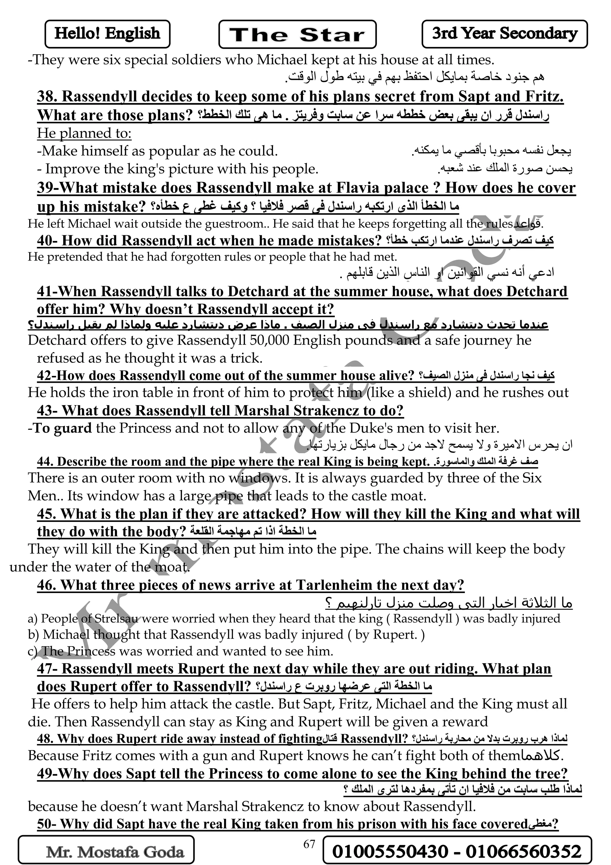 67
-They were six special soldiers who Michael kept at his house at all times.
.‫الوقت‬ ‫طول‬ ‫بيته‬ ‫في‬ ‫بهم‬ ‫احتفظ‬ ‫بمايكل‬ ‫خاصة‬ ‫جنود‬ ‫هم‬
38. Rassendyll decides to keep some of his plans secret from Sapt and Fritz.
What are those plans? ‫الخطط؟‬ ‫تلك‬ ‫هى‬ ‫ما‬ . ‫وفريتز‬ ‫سابت‬ ‫عن‬ ‫سرا‬ ‫خططه‬ ‫بعض‬ ‫يبقى‬ ‫ان‬ ‫قرر‬ ‫راسندل‬
He planned to:
-Make himself as popular as he could. ‫بأقصي‬ ‫محبوبا‬ ‫نفسه‬ ‫يجعل‬.‫يمكنه‬ ‫ما‬
- Improve the king's picture with his people. ‫عن‬ ‫الملك‬ ‫صورة‬ ‫يحسن‬.‫شعبه‬ ‫د‬
39-What mistake does Rassendyll make at Flavia palace ? How does he cover
up his mistake? ‫خطأه؟‬ ‫ع‬ ‫غطى‬ ‫وكيف‬ ‫؟‬ ‫فالفيا‬ ‫قصر‬ ‫فى‬ ‫راسندل‬ ‫ارتكبه‬ ‫الذى‬ ‫الخطأ‬ ‫ما‬
He left Michael wait outside the guestroom.. He said that he keeps forgetting all the rules‫.قواعد‬
40- How did Rassendyll act when he made mistakes? ‫خطأ؟‬ ‫ارتكب‬ ‫عندما‬ ‫راسندل‬ ‫تصرف‬ ‫كيف‬
He pretended that he had forgotten rules or people that he had met.
. ‫قابلهم‬ ‫الذين‬ ‫الناس‬ ‫او‬ ‫القوانين‬ ‫نسي‬ ‫أنه‬ ‫ادعي‬
41-When Rassendyll talks to Detchard at the summer house, what does Detchard
offer him? Why doesn’t Rassendyll accept it?
‫راسندل؟‬ ‫يقبل‬ ‫لم‬ ‫ولماذا‬ ‫عليه‬ ‫ديتشارد‬ ‫عرض‬ ‫ماذا‬ . ‫الصيف‬ ‫منزل‬ ‫فى‬ ‫راسندل‬ ‫مع‬ ‫ديتشارد‬ ‫تحدث‬ ‫عندما‬
Detchard offers to give Rassendyll 50,000 English pounds and a safe journey he
refused as he thought it was a trick.
42-How does Rassendyll come out of the summer house alive? ‫الصيف؟‬ ‫منزل‬ ‫فى‬ ‫راسندل‬ ‫نجا‬ ‫كيف‬
He holds the iron table in front of him to protect him (like a shield) and he rushes out
43- What does Rassendyll tell Marshal Strakencz to do?
-To guard the Princess and not to allow any of the Duke's men to visit her.
.‫بزيارتها‬ ‫مايكل‬ ‫رجال‬ ‫من‬ ‫الجد‬ ‫يسمح‬ ‫وال‬ ‫االميرة‬ ‫يحرس‬ ‫ان‬
44. Describe the room and the pipe where the real King is being kept. .‫والماسورة‬ ‫الملك‬ ‫غرفة‬ ‫صف‬
There is an outer room with no windows. It is always guarded by three of the Six
Men.. Its window has a large pipe that leads to the castle moat.
45. What is the plan if they are attacked? How will they kill the King and what will
they do with the body? ‫القلعة‬ ‫مهاجمة‬ ‫تم‬ ‫اذا‬ ‫الخطة‬ ‫ما‬
They will kill the King and then put him into the pipe. The chains will keep the body
under the water of the moat.
46. What three pieces of news arrive at Tarlenheim the next day?
‫؟‬ ‫تارلنهيم‬ ‫منزل‬ ‫وصلت‬ ‫التى‬ ‫اخبار‬ ‫الثالثة‬ ‫ما‬
a) People of Strelsau were worried when they heard that the king ( Rassendyll ) was badly injured
b) Michael thought that Rassendyll was badly injured ( by Rupert. )
c) The Princess was worried and wanted to see him.
47- Rassendyll meets Rupert the next day while they are out riding. What plan
does Rupert offer to Rassendyll? ‫راسندل؟‬ ‫ع‬ ‫روبرت‬ ‫عرضها‬ ‫التى‬ ‫الخطة‬ ‫ما‬
He offers to help him attack the castle. But Sapt, Fritz, Michael and the King must all
die. Then Rassendyll can stay as King and Rupert will be given a reward
48. Why does Rupert ride away instead of fighting‫قتال‬ Rassendyll? ‫راسندل؟‬ ‫محاربة‬ ‫من‬ ‫بدال‬ ‫روبرت‬ ‫هرب‬ ‫لماذا‬
Because Fritz comes with a gun and Rupert knows he can’t fight both of them‫.كالهما‬
49-Why does Sapt tell the Princess to come alone to see the King behind the tree?
‫؟‬ ‫الملك‬ ‫لترى‬ ‫بمفردها‬ ‫تأتى‬ ‫ان‬ ‫فالفيا‬ ‫من‬ ‫سابت‬ ‫طلب‬ ‫لماذا‬
because he doesn’t want Marshal Strakencz to know about Rassendyll.
50- Why did Sapt have the real King taken from his prison with his face covered‫مغطي‬?
 
