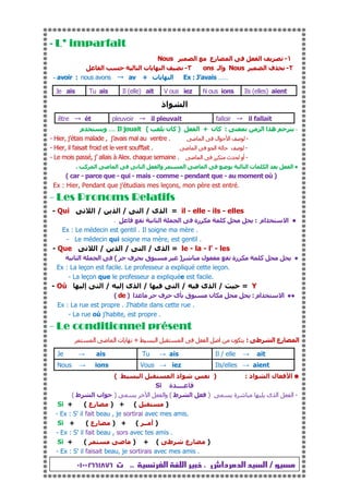 ‫ﻣﺴﻴﻮ‬/‫ﺍﻟﺪﻣﺮﺩﺍﺵ‬ ‫ﺍﻟﺴﻴﺪ‬.‫ﺍﻟﻔﺮﻧﺴﻴﺔ‬ ‫ﺍﻟﻠﻐﺔ‬ ‫ﺧﺒﻴﺮ‬..‫ﺕ‬⓷⓮⓷⓷⓯⓳⓳⓮⓵⓴⓳
---- L’ imparfaitL’ imparfaitL’ imparfaitL’ imparfait
١-‫ا‬ ‫رع‬ ‫ا‬ ‫ا‬Nous
٢-‫ا‬ ‫ف‬Nous‫وا‬‫ـ‬ons٣-‫ا‬ ‫ا‬ ‫ت‬ ‫ا‬
- avoir : nous avons
  av + ‫ت‬ ‫ا‬ Ex : J’avais ……
Je ais Tu ais Il (elle) ait V ous iez N ous ions Ils (elles) aient
‫اذ‬ ‫ا‬
être
  ét pleuvoir
  il pleuvait falloir
  il fallait
-‫ا‬ ‫ا‬ ‫ه‬:‫ن‬ ‫آ‬+‫ا‬)‫ن‬ ‫آ‬(Il jouait....‫و‬‫م‬
- Hier, j’étais malade , j’avais mal au ventre . -‫ا‬ ‫ال‬ ‫ا‬
- Hier, il faisait froid et le vent soufflait . -‫ا‬ ‫ا‬
- Le mois passé, j’ allais à Alex. chaque semaine . -‫ا‬ ‫ر‬ ‫ث‬ ‫أو‬
●‫ا‬‫ت‬ ‫ا‬‫ا‬‫آ‬ ‫ا‬ ‫ا‬ ‫ا‬ ‫وا‬ ‫ا‬ ‫ا‬.
( car - parce que - qui - mais - comme - pendant que - au moment où )
Ex : Hier, Pendant que j’étudiais mes leçons, mon père est entré.
---- Les Pronoms RelatifsLes Pronoms RelatifsLes Pronoms RelatifsLes Pronoms Relatifs
- Qui ‫ى‬ ‫ا‬/‫ا‬/‫ا‬/‫ا‬ = il - elle - ils - elles
●‫ام‬ ‫ا‬:‫ا‬ ‫ا‬ ‫رة‬ ‫آ‬....
Ex : Le médecin est gentil . Il soigne ma mère .
- Le médecin qui soigne ma mère, est gentil .
- Que ‫ى‬ ‫ا‬/‫ا‬/‫ا‬/‫ا‬ = le - la - l' - les
●‫رة‬ ‫آ‬‫ل‬)‫ف‬ ‫ق‬(‫ا‬ ‫ا‬
Ex : La leçon est facile. Le professeur a expliqué cette leçon.
- La leçon que le professeur a expliquée est facile.
- Où /‫ى‬ ‫ا‬/‫ا‬/‫إ‬ ‫ى‬ ‫ا‬/‫إ‬ ‫ا‬ = Y
●●‫ام‬ ‫ا‬:‫ا‬ ‫ف‬ ‫ى‬ ‫ق‬ ‫ن‬de )(
Ex : La rue est propre . J'habite dans cette rue .
- La rue où j'habite, est propre .
---- Le conditionnel présentLe conditionnel présentLe conditionnel présentLe conditionnel présent
‫ا‬ ‫رع‬ ‫ا‬:‫ن‬‫ا‬‫ا‬‫ا‬ ‫ا‬+‫ا‬ ‫ا‬ ‫ت‬
Il / elle → aitTu → aisJe → ais
Ils/elles → aientVous → iezNous → ions
☻‫اذ‬ ‫ا‬ ‫ل‬ ‫ا‬) :‫ا‬ ‫ا‬ ‫اذ‬(
‫ة‬ ‫ــــ‬Si
-‫ة‬ ‫ى‬ ‫ا‬ ‫ا‬)‫ط‬ ‫ا‬(‫و‬‫ا‬ ‫ا‬)‫ط‬ ‫ا‬ ‫اب‬(
Si + )) + (‫رع‬(
- Ex : S' il fait beau , je sortirai avec mes amis.
Si + )‫ــ‬ ‫أ‬) + (‫رع‬(
- Ex : S' il fait beau , sors avec tes amis .
Si + )‫رع‬) + ((
- Ex : S' il faisait beau, je sortirais avec mes amis .
 