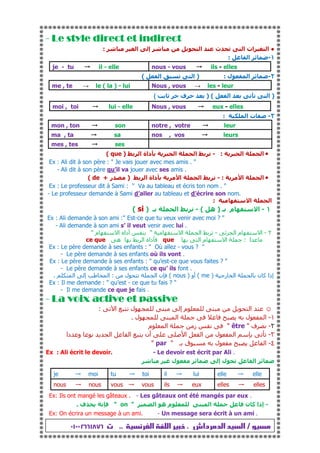 ‫ﻣﺴﻴﻮ‬/‫ﺍﻟﺪﻣﺮﺩﺍﺵ‬ ‫ﺍﻟﺴﻴﺪ‬.‫ﺍﻟﻔﺮﻧﺴﻴﺔ‬ ‫ﺍﻟﻠﻐﺔ‬ ‫ﺧﺒﻴﺮ‬..‫ﺕ‬⓷⓮⓷⓷⓯⓳⓳⓮⓵⓴⓳
---- Le style direct et indirectLe style direct et indirectLe style direct et indirectLe style direct et indirect
●‫ا‬ ‫ات‬ ‫ا‬‫ث‬‫ا‬ ‫إ‬ ‫ا‬:
١-‫ا‬:
je - tu
  il - elle nous - vous
  ils - elles
٢-‫ل‬ ‫ا‬) :‫ا‬ ‫ا‬(
me , te → le ( la ) - lui Nous , vous → les - leur
)‫ا‬ ‫ا‬) (‫ف‬((((
moi , toi
  lui - elle Nous , vous
  eux - elles
٣-‫ا‬ ‫ت‬:
mon , ton
  son notre , votre
  leur
ma , ta
  sa nos , vos
  leurs
mes , tes
  ses
•‫ا‬ ‫ا‬:-‫ا‬ ‫داة‬ ‫ا‬ ‫ا‬( que )
Ex : Ali dit à son père : " Je vais jouer avec mes amis . "
- Ali dit à son père qu’il va jouer avec ses amis .
•‫ا‬ ‫ا‬:-‫ا‬ ‫داة‬ ‫ا‬ ‫ا‬)‫ر‬( de +
Ex : Le professeur dit à Sami : " Va au tableau et écris ton nom . "
- Le professeur demande à Sami d’aller au tableau et d’écrire son nom.
‫ا‬ ‫ا‬:
١-‫م‬ ‫ا‬‫ـ‬)‫ه‬(-‫ا‬‫ـ‬( si )
Ex : Ali demande à son ami :" Est-ce que tu veux venir avec moi ? "
- Ali demande à son ami s’ il veut venir avec lui .
٢-‫ا‬ ‫م‬ ‫ا‬-‫ا‬ ‫ا‬"‫م‬ ‫ا‬ ‫أدا‬"
‫ا‬:‫ا‬ ‫م‬ ‫ا‬que‫ا‬ ‫داة‬‫ه‬ce que
Ex : Le père demande à ses enfants : " Où allez - vous ? "
- Le père demande à ses enfants où ils vont .
Ex : Le père demande à ses enfants : " qu’est-ce que vous faites ? "
- Le père demande à ses enfants ce qu’ ils font .
‫ر‬ ‫ا‬ ‫ن‬ ‫آ‬ ‫إذا‬)( me‫أو‬)( nous‫ل‬ ‫ا‬ ‫ن‬:‫ا‬ ‫إ‬ ‫ا‬.
Ex : Il me demande : " qu’est - ce que tu fais ? "
- Il me demande ce que je fais .
---- La voix active et passiveLa voix active et passiveLa voix active et passiveLa voix active et passive
☺‫ا‬‫ا‬ ‫ل‬ ‫إ‬ ‫م‬:
١-‫ل‬ ‫ا‬ ‫ل‬ ‫ا‬.
٢-‫ف‬"être"‫ز‬‫م‬ ‫ا‬
٣-‫دا‬ ‫و‬ ‫ا‬ ‫ا‬ ‫أن‬ ‫ا‬ ‫ا‬ ‫ل‬ ‫ا‬
٤-‫ـ‬ ‫ق‬ ‫ل‬ ‫ا‬"par"
Ex : Ali écrit le devoir. - Le devoir est écrit par Ali .
‫ل‬ ‫إ‬ ‫ل‬ ‫ا‬
elle
¡ elleil
¡ luitu
¡ toije
¡ moi
elles
¡ ellesils
¡ euxvous
¡ vousnous
¡ nous
Ex: Ils ont mangé les gâteaux . - Les gâteaux ont été mangés par eux .
-‫ا‬ ‫ه‬ ‫م‬ ‫ا‬ ‫ن‬ ‫آ‬ ‫إذا‬"on"‫ف‬.
Ex: On écrira un message à un ami. - Un message sera écrit à un ami .
 