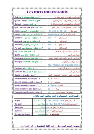 ‫ﻣﺴﻴﻮ‬/‫ﺍﻟﺪﻣﺮﺩﺍﺵ‬ ‫ﺍﻟﺴﻴﺪ‬.‫ﺍﻟﻔﺮﻧﺴﻴﺔ‬ ‫ﺍﻟﻠﻐﺔ‬ ‫ﺧﺒﻴﺮ‬..‫ﺕ‬⓷⓮⓷⓷⓯⓳⓳⓮⓵⓴⓳
Les mots interrogatifsLes mots interrogatifsLes mots interrogatifsLes mots interrogatifs
‫ا‬ ‫ال‬)‫ا‬(?…….‫ف‬+Qui
‫ا‬ ‫ال‬)‫ا‬(Qu’est - ce qui +‫ى‬ ‫ا‬ ?
‫ا‬ ‫ل‬ ‫ا‬ ‫ال‬)(Qui est – ce que ‫ى‬ ‫ا‬
‫ا‬ ‫ل‬ ‫ا‬ ‫ال‬)Que / Qu' est – ce que /‫ذا‬
à / au / à la / à l' / aux + ‫ا‬A qui +‫ف‬+‫إ‬... … ?
de / du / de la / de l' / + ‫ا‬De qui +/ . ?
chez + ‫ا‬Chez qui + . ?
avec + ‫ا‬Avec qui + …. ?
pour + ‫ا‬Pour qui +‫أ‬ …. ?
par + ‫ا‬Par qui +‫ا‬ …. ?
‫ف‬ ‫ق‬ ‫ن‬ ‫ل‬Où ‫أ‬ est – ce que ….?
‫ا‬ ‫ل‬Quand est – ce que ….?
‫ا‬ ‫ل‬–‫ا‬–‫ا‬ ‫ل‬ ‫ا‬Comment ‫آ‬ est – ce que ….?
‫ف‬ ‫ا‬ ‫أو‬ ‫ا‬ ‫ل‬
Pour - Parce que - car - à cause de - grâce à
Pourquoi ‫ذا‬ est – ce que ….?
‫أو‬ ‫ل‬Combien ‫آ‬ ( coûter ) ….?
‫د‬ ‫ا‬ ‫ل‬Combien de ‫ا‬+‫د‬ ‫آ‬ ….?
‫ا‬ ‫ل‬–‫ر‬ ‫ا‬–‫ا‬–‫ن‬ ‫ا‬Quel / s - Quelle / s ….?
à +A quelle heure est-ce que….?
à +A quelle occasion est-ce que…?
à l' âge de + ‫ا‬A quel âge est – ce que ….?
en +En quelle année est -ce que…?
en + ‫م‬ ‫دة‬/‫درا‬ ‫دة‬En quelle matière est-ce que…?
-‫ا‬ ‫ا‬ ‫ل‬ ‫ا‬ ‫ال‬:
A quoi /‫ى‬ à / au / à la / à l' / aux ‫ا‬
De quoi / de / du / de la /de l' /des ‫ا‬
Avec quoi ‫ذا‬ avec + ‫ا‬
Sur quoi ‫أى‬ sur + ‫ا‬
En quoi est ( sont ) en + ‫م‬ ‫دة‬
 