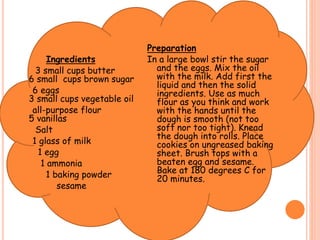 Ingredients
3 small cups butter
6 small cups brown sugar
6 eggs
3 small cups vegetable oil
all-purpose flour
5 vanillas
Salt
1 glass of milk
1 egg
1 ammonia
1 baking powder
sesame
Preparation
In a large bowl stir the sugar
and the eggs. Mix the oil
with the milk. Add first the
liquid and then the solid
ingredients. Use as much
flour as you think and work
with the hands until the
dough is smooth (not too
soft nor too tight). Knead
the dough into rolls. Place
cookies on ungreased baking
sheet. Brush tops with a
beaten egg and sesame.
Bake at 180 degrees C for
20 minutes.