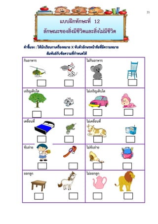 35
กินอาหาร ไม่กินอาหาร
เจริญเติบโต ไม่เจริญเติบโต
เคลื่อนที่ ไม่เคลื่อนที่
ขับถ่าย ไม่ขับถ่าย
ออกลูก ไม่ออกลูก
 