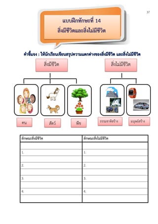 37
ลักษณะสิ่งมีชีวิต ลักษณะสิ่งไม่มีชีวิต
1. 1.
2. 2.
3. 3.
4. 4.
สิ่งมีชีวิต สิ่งไม่มีชีวิต
คน สัตว์ พืช ธรรมชาติสร้าง มนุษย์สร้าง
 