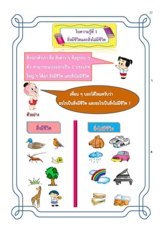 22
1. ข้อใดเป็นสิ่งมีชีวิตที่พบในโรงเรียนทั้งหมด
1 เสือ วัว ม้าโยก 2 ต้นหญ้า ผีเสื้อ นักเรียน 3 คุณครู เสา
ธง แก้วน้า
2. ข้อใดหมายถึงสิ่งมีชีวิตสามารถสืบพันธุ์ได้
1 2 3
3. ข้อใดเป็นสิ่งมีชีวิตที่สามารถเคลื่อนที่ได้
1 เครื่องบิน 2 หุ่นยนต์ 3 ม้าลาย
4. ถ้าใช้ลักษณะภายนอกเป็นเกณฑ์ สิ่งมีชีวิตข้อใดจัดอยู่ในกลุ่มเดียวกับต้นหญ้า และดอกบัว
1 มะม่วง 2 เป็ด
3 กบ
5. สิ่งใดมีลักษณะแตกต่างจากพวก
1 2 3
6. สิ่งใดกินอาหาร เคลื่อนที่ และเจริญเติบโตไม่ได้ทั้งหมด
 