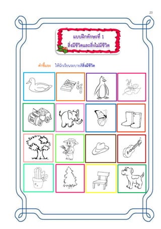 23
ฝึกทักษะกระบวนการทางวิทยาศาสตร์ ทักษะการจาแนก ชุดที่ 2
ชื่อ-สกุล..............................................................................................ชั้น
...........................................
ให้นักเรียนจาแนกประเภทของถั่วที่กาหนดให้ และปฏิบัติตามรายการปฏิบัติแล้วตอบคาถาม
อุปกรณ์ ถั่วชนิดต่างๆ 1 ชุด ,จานวนต่างๆ
รายการปฏิบัติ คาตอบ
แบบฝึกทักษะกระบวนการทางวิทยาศาสตร์ ทักษะการจาแนก ชุดที่ 3
ชื่อ-สกุล..............................................................................................ชั้น
...........................................
ให้นักเรียนบอกเกณฑ์ที่เหมาะสมของแต่ละขั้นตอนของการจาแนกประเภทของสัตว์ ดังตารางนี้
ปลา นก แมว หมา หมี หมู
คาชี้แจง ให้นักเรียนระบายสีสิ่งมีชีวิต
 