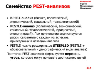 Семейство PEST-анализов
• BPEST-анализ (бизнес, политический,
экономический, социальный, технологический)
• PESTLE-анализ (политический, экономический,
социальный, технологический, юридический,
экологический). При применении анализируются
риски, связанные с каждым из аспектов,
приведенных в названии анализа
• PESTLE можно расширить до STEEPLED (PESTLE +
образовательный и демографический виды анализа)
По итогам PEST-анализов формируется перечень
угроз, которые могут помешать достижению целей
114
Выявление
Оценка
Минимизация
Мониторинг
 