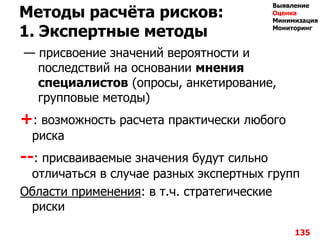 Методы расчѐта рисков:
1. Экспертные методы
— присвоение значений вероятности и
последствий на основании мнения
специалистов (опросы, анкетирование,
групповые методы)
+: возможность расчета практически любого
риска
--: присваиваемые значения будут сильно
отличаться в случае разных экспертных групп
Области применения: в т.ч. стратегические
риски
135
Выявление
Оценка
Минимизация
Мониторинг
 