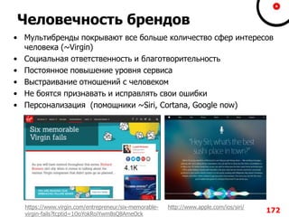 Человечность брендов
• Мультибренды покрывают все больше количество сфер интересов
человека (~Virgin)
• Социальная ответственность и благотворительность
• Постоянное повышение уровня сервиса
• Выстраивание отношений с человеком
• Не боятся признавать и исправлять свои ошибки
• Персонализация (помощники ~Siri, Cortana, Google now)
172
https://www.virgin.com/entrepreneur/six-memorable-
virgin-fails?tcptid=1OoYokRoiYwm8sQ8AmeOck
http://www.apple.com/ios/siri/
 