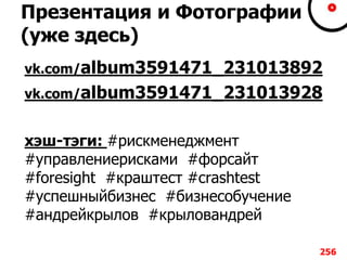 Презентация и Фотографии
(уже здесь)
vk.com/album3591471_231013892
vk.com/album3591471_231013928
хэш-тэги: #рискменеджмент
#управлениерисками #форсайт
#foresight #краштест #crashtest
#успешныйбизнес #бизнесобучение
#андрейкрылов #крыловандрей
256
 