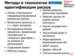 Методы и технологии
идентификации рисков
• Метод «спонтанного»
определения/выявления
возможных рисков
• Вопросники (анкеты), в
т.ч. опрос экспертов
• Исследование бизнес
процессов с выявлением
«внутренних» и
«внешних» факторов и
их влияния на
организацию
• Отраслевой анализ
• PEST(LE) анализ
• Анализ развития
различных сценариев
• Рабочие группы по
оценке рисков
(эксперты)
• Анализ инцидентов и
аварий
• Технический аудит и
инспекции
• Моделирование
взаимозависимостей
• SWOT анализ
• Дерево событий
• Статистический анализ 42
Выявление
Оценка
Минимизация
Мониторинг
 