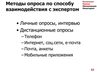 53
Методы опроса по способу
взаимодействия с экспертом
• Личные опросы, интервью
• Дистанционные опросы
– Телефон
– Интернет, соц.сети, е-почта
– Почта, анкеты
– Мобильные приложения
Выявление
Оценка
Минимизация
Мониторинг
 