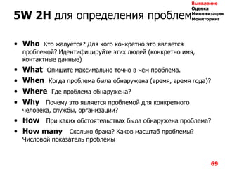 5W 2H для определения проблемы
69
• Who Кто жалуется? Для кого конкретно это является
проблемой? Идентифицируйте этих людей (конкретно имя,
контактные данные)
• What Опишите максимально точно в чем проблема.
• When Когда проблема была обнаружена (время, время года)?
• Where Где проблема обнаружена?
• Why Почему это является проблемой для конкретного
человека, службы, организации?
• How При каких обстоятельствах была обнаружена проблема?
• How many Сколько брака? Каков масштаб проблемы?
Числовой показатель проблемы
Выявление
Оценка
Минимизация
Мониторинг
 
