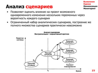 Анализ сценариев
• Позволяет оценить влияние на проект возможного
одновременного изменения нескольких переменных через
вероятность каждого сценария
• Ограниченный набор аналитических сценариев, построение же
полного множества сценариев практически невозможно
77
Выявление
Оценка
Минимизация
Мониторинг
 