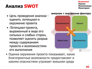 Анализ SWOT
• Цель проведения анализа -
оценить потенциал и
окружение проекта
• Потенциал проекта,
выраженный в виде его
сильных и слабых сторон,
позволяет оценить разрыв
между содержанием
проекта и возможностями
его выполнения
85
• Оценка окружения проекта показывает, какие
благоприятные возможности предоставляет и
какими опасностями угрожает внешняя среда
внешние + внутренние факторы
Выявление
Оценка
Минимизация
Мониторинг
 