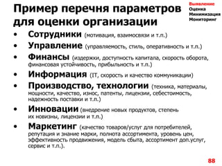 88
Пример перечня параметров
для оценки организации
• Сотрудники (мотивация, взаимосвязи и т.п.)
• Управление (управляемость, стиль, оперативность и т.п.)
• Финансы (издержки, доступность капитала, скорость оборота,
финансовая устойчивость, прибыльность и т.п.)
• Информация (IT, скорость и качество коммуникации)
• Производство, технологии (техника, материалы,
мощности, качество, износ, патенты, лицензии, себестоимость,
надежность поставки и т.п.)
• Инновации (внедрение новых продуктов, степень
их новизны, лицензии и т.п.)
• Маркетинг (качество товаров/услуг для потребителей,
репутация и знание марки, полнота ассортимента, уровень цен,
эффективность продвижения, модель сбыта, ассортимент доп.услуг,
сервис и т.п.).
Выявление
Оценка
Минимизация
Мониторинг
 