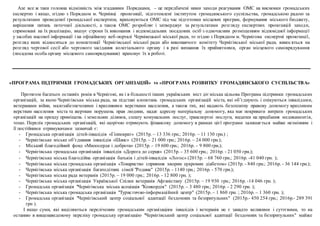 Але все ж таки головна відмінність між згаданими Порядками, – це передбачені ними заходи реагування ОМС на висновки громадських
експертиз і якщо, згідно з Порядком м. Чернівці пропозиції, підготовлені інститутом громадянського суспільства, громадською радою за
результатами проведеної громадської експертизи, враховуються ОМС під час підготовки місцевих програм, формування міського бюджету,
вирішення питань поточної діяльності, а також ОМС розробляє і затверджує за результатами розгляду експертних пропозицій заходи,
спрямовані на їх реалізацію, вказує строки їх виконання і відповідальних посадових осіб з одночасним розміщенням відповідної інформації
у засобах масової інформації і на офіційному веб-порталі Чернівецької міської ради, то згідно з Порядком м. Чернігова експертні пропозиції,
розгляд яких відноситься до компетенції Чернігівської міської ради або виконавчого комітету Чернігівської міської ради, виносяться на
розгляд чергової сесії або чергового засідання колегіального органу і в разі визнання їх прийнятними, орган місцевого самоврядування
(посадова особа органу місцевого самоврядування) враховує їх в роботі.
«ПРОГРАМА ПІДТРИМКИ ГРОМАДСЬКИХ ОРГАНІЗАЦІЙ» vs «ПРОГРАМА РОЗВИТКУ ГРОМАДЯНСЬКОГО СУСПІЛЬСТВА»
Протягом багатьох останніх років в Чернігові, як і в більшості інших українських міст діє міська цільова Програма підтримки громадських
організацій, за якою Чернігівська міська рада, на підставі клопотань громадських організацій міста, які об’єднують і опікуються інвалідами,
ветеранами війни, малозабезпеченими і вразливими верствами населення, а також тих, які надають безоплатну правову допомогу вразливим
верствам населення міста та жертвам порушень прав людини, надає адресну матеріальну допомогу, яка має покривати витрати громадських
організацій на оренду приміщень і земельних ділянок, сплату комунальних послуг, транспортні послуги, видатки на придбання медикаментів,
тощо. Перелік громадських організацій, які щорічно отримують фінансову допомогу в рамках цієї програми залишається майже незмінним і
її постійними отримувачами зазвичай є:
- Громадська організація дітей-інвалідів «Гіппократ» (2015р. – 13 336 грн.; 2016р. – 11 130 грн.) ;
- Чернігівське міське об’єднання інвалідів «Шанс» (2015р. – 21 000 грн.; 2016р. – 24 000 грн.);
- Міський благодійний фонд «Милосердя і доброта» (2015р. – 19 600 грн.; 2016р. – 9 800 грн.);
- Чернігівська громадська організація інвалідів «Дорога до серця» (2015р. – 35 600 грн.; 2016р. - 21 050 грн.);
- Чернігівська міська благодійна організація батьків і дітей-інвалідів «Логос» (2015р. – 68 760 грн.; 2016р. -41 040 грн. );
- Чернігівська міська громадська організація «Товариство сприяння хворим цукровим діабетом» (2015р. - 840 грн.; 2016р. - 36 144 грн.);
- Чернігівська міська організація багатодітних сімей "Родина" (2015р. - 1140 грн.; 2016р. - 570 грн.);
- Чернігівська міська рада ветеранів (2015р. – 19 000 грн.; 2016р. - 12 800 грн. );
- Чернігівська міська організація Української Спілки ветеранів Афганістану (2015р. – 19 930 грн.; 2016р. -14 046 грн. );
- Громадська організація "Чернігівська міська асоціація "Конкордія" (2015р. – 3 480 грн.; 2016р. - 2 290 грн. );
- Чернігівська міська громадська організація "Туристично-інформаційний центр" (2015р. – 1 860 грн. ; 2016р. – 1 360 грн. );
- Громадська організація "Чернігівський центр соціальної адаптації бездомних та безпритульних" (2015р.- 450 254 грн.; 2016р.- 289 391
грн ).
І якщо суми, які виділяються переліченим громадським організаціям інвалідів і ветеранів не є занадто великими і суттєвими, то на
останню в вищенаведеному переліку громадську організацію "Чернігівський центр соціальної адаптації бездомних та безпритульних" майже
 