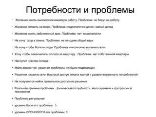 Потребности и проблемы
• . :Желание иметь высокооплачиваемую работу Проблема не берут на работу
• . : ,Желание попасть на море Проблема недостаточно денег малый доход
• . :Желание иметь собственный дом Проблема нет возможности
• . :Не хочу ссор в семье Проблема не находим общий язык
• .Не хочу чтобы болели люди Проблема невозможно вылечить всех
• : . :Хочу чтобы закончилась оплата за квартиру Проблема нет собственной квартиры
• Наступит чувство голода
• ,Мало вариантов решения проблемы не было подходящих
• ,Решение нашел в сети быстрый доступ оплата картой и удовлетворенность потребностей
• Не получается найти правильное доступное решение
• : ,Реальная причина проблемы физическая потребность мало времени и прогрессия в
технологии
• Проблема регулярная
• : 5уровень боли его проблемы
• : 5уровень СРОЧНОСТИ его проблемы
 
