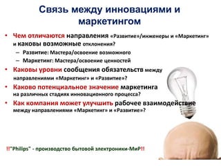 • Чем отличаются направления «Развитие»/инженеры и «Маркетинг»
и каковы возможные отклонения?
– Развитие: Мастера/освоение возможного
– Маркетинг: Мастера/освоение ценностей
• Каковы уровни сообщения обязательств между
направлениями «Маркетинг» и «Развитие»?
• Каково потенциальное значение маркетинга
на различных стадиях инновационного процесса?
• Как компания может улучшить рабочее взаимодействие
между направлениями «Маркетинг» и «Развитие»?
!!"Philips" - производство бытовой электроники-МиР!!
Связь между инновациями и
маркетингом
 